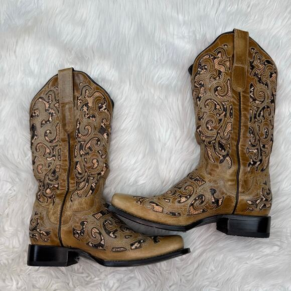 JB Dillon Reserve Women's Brown Cowboy Boots Size 7.5 Snake Print Cutouts - Picture 15 of 16